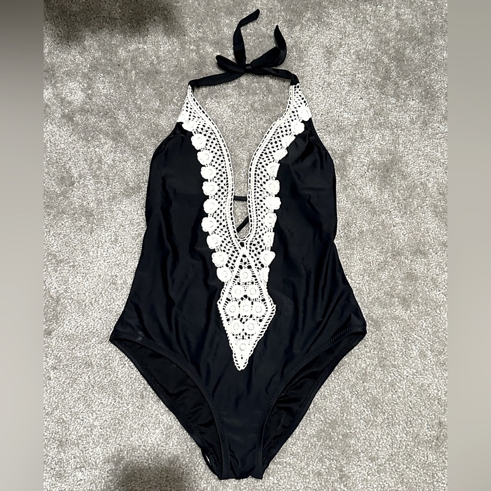 Black and White One Piece with Scalloped Trim